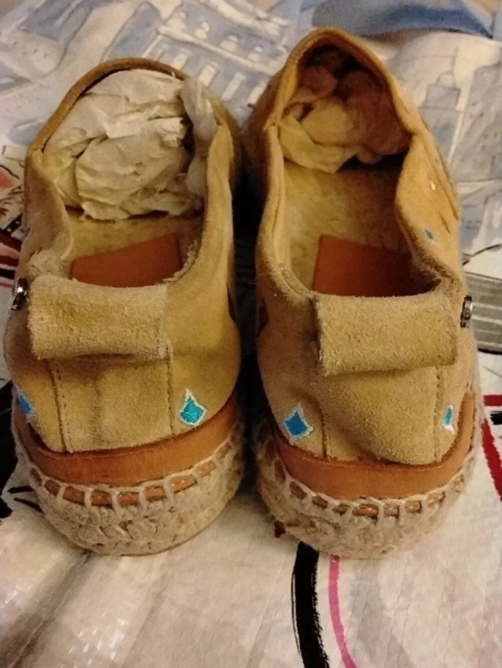 rag & bone Tan Espadrille Flats with Teal and Brown Embroidery